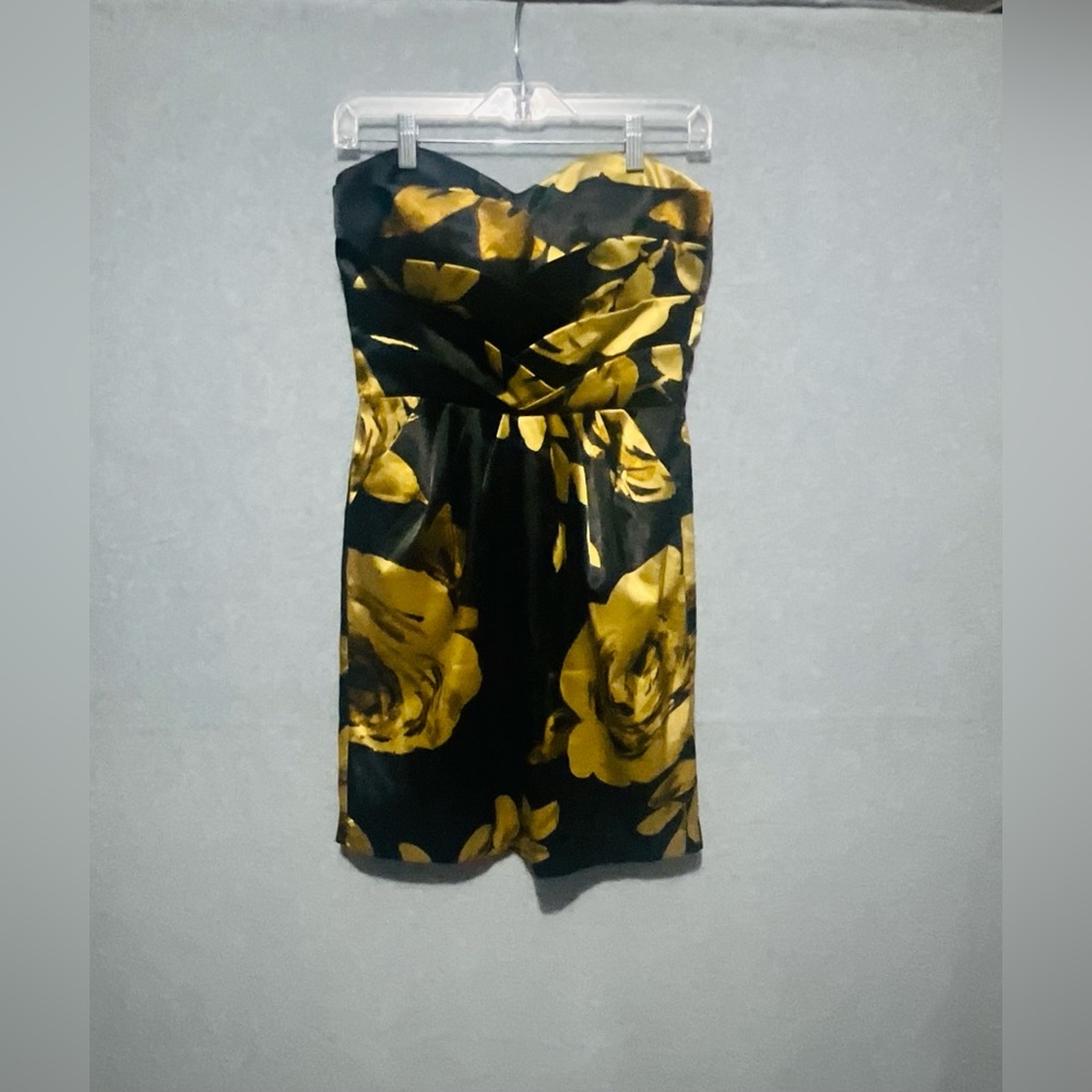 Snap Black Gold Floral Satin Strapless Dress Small Sweetheart Cocktail Party